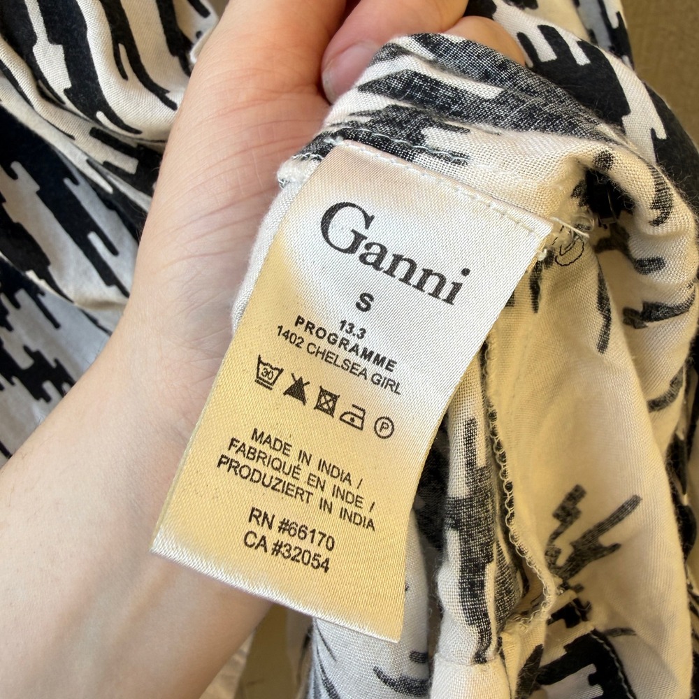 Ganni Chelsea Dress Small Black White Abstract Ikat Mini Viscose Short Sleeve - Picture 6 of 8